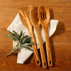 Italian Olive Wood 3 Piece 14 Inch Turner, Spoon, and Slotted Spoon Set